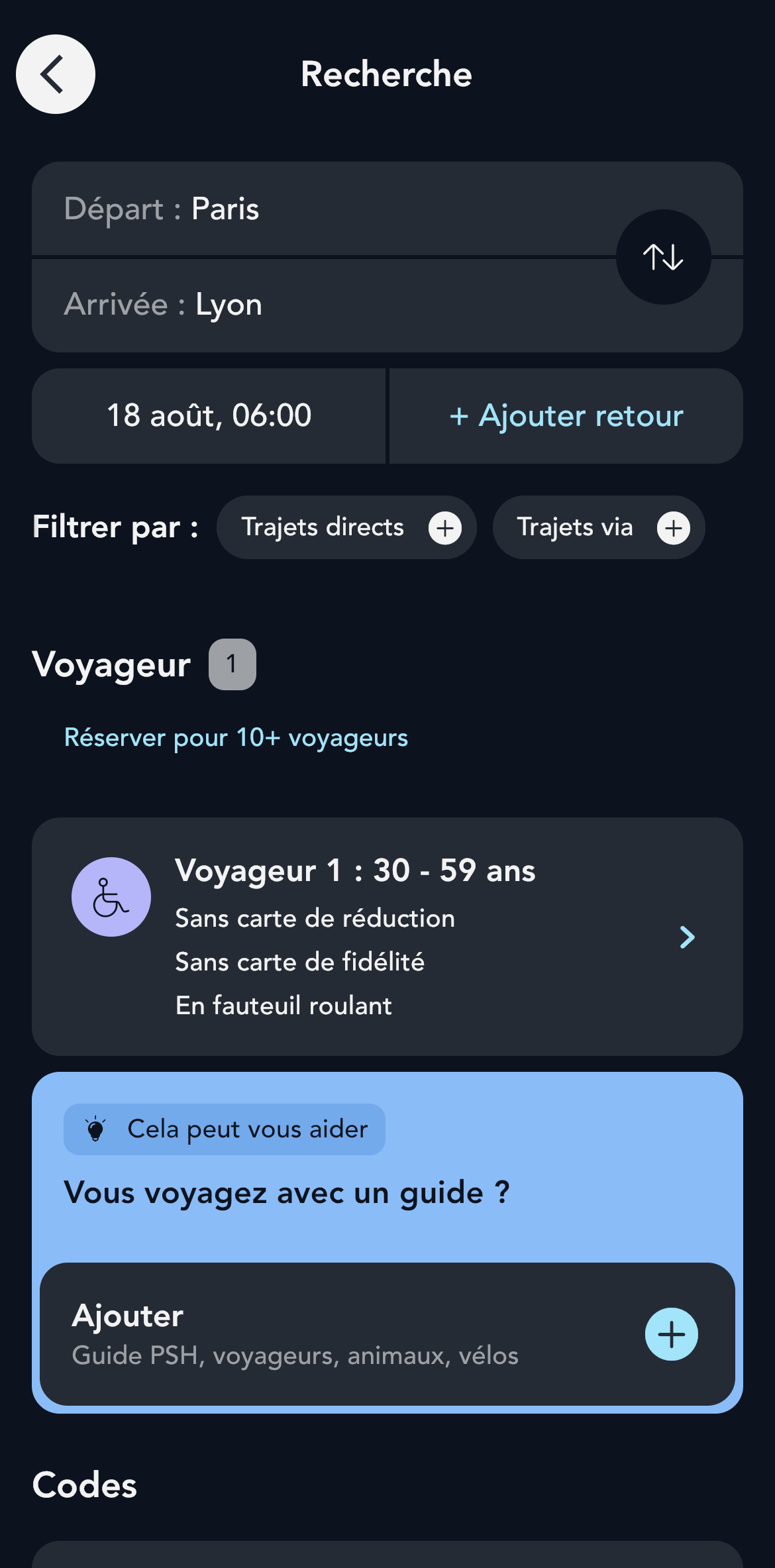 L'application vous proposera d'ajouter votre guide accompagnant selon votre situation d'handicap