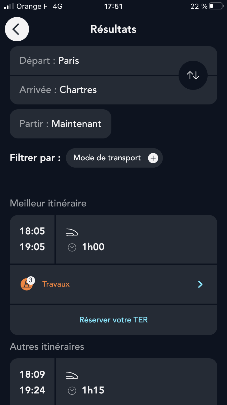 résultats recherche trajet