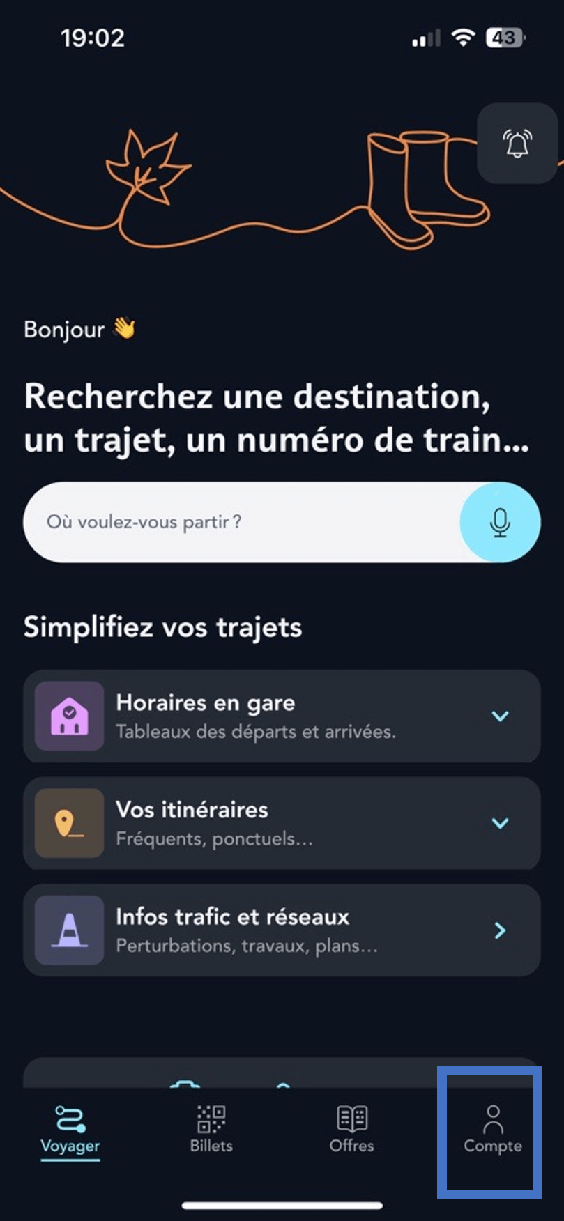 écran de la page d'accueil de l'application illustrant l'accès à la rubrique Compte