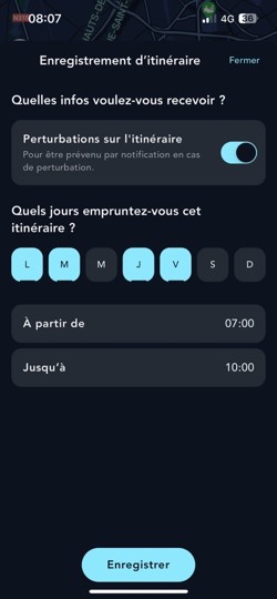 Ecran de  l'activation d'une alerte itinéraire fréquent sur l'appli SNCF Connect