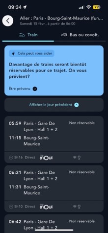 Ecran des résultats de recherche de billets sur l'appli SNCF Connect