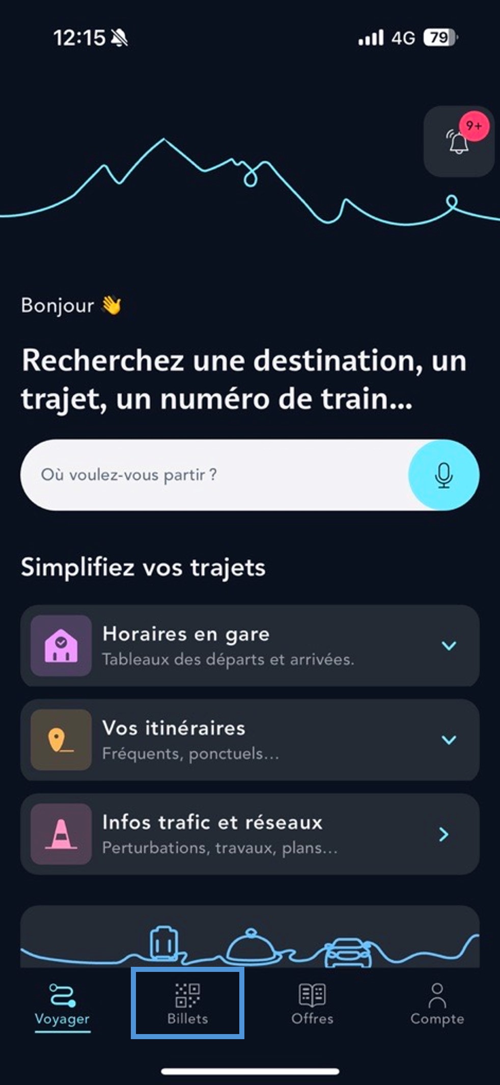 Ecran de la page d'accueil de l'appli SNCF Connect illustrant la rubrique Billets