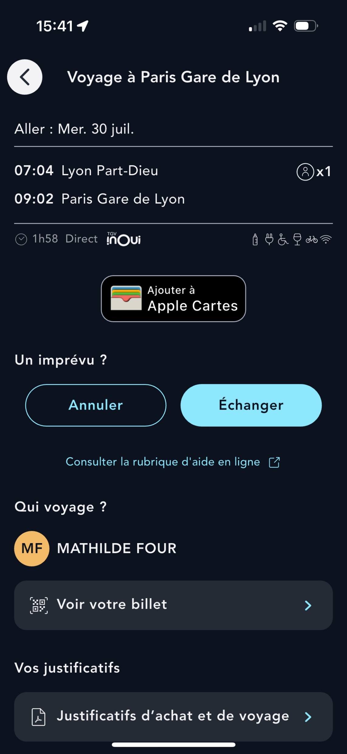 Ecran illustrant l'échange ou l'annulation d'un billet sur l'application SNCF Connect