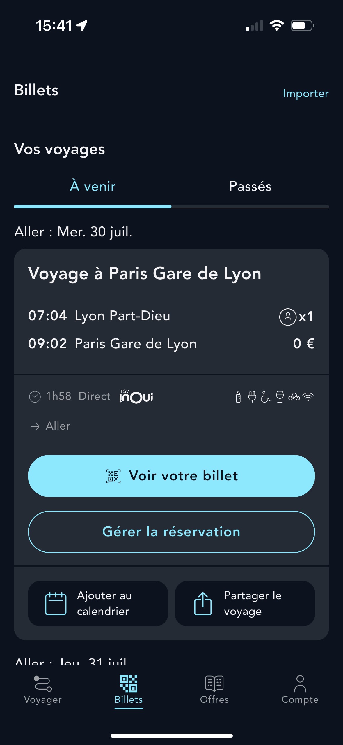 Ecran illustrans les voyages à venir dans l'onglet Billets de l'application SNCF Connect
