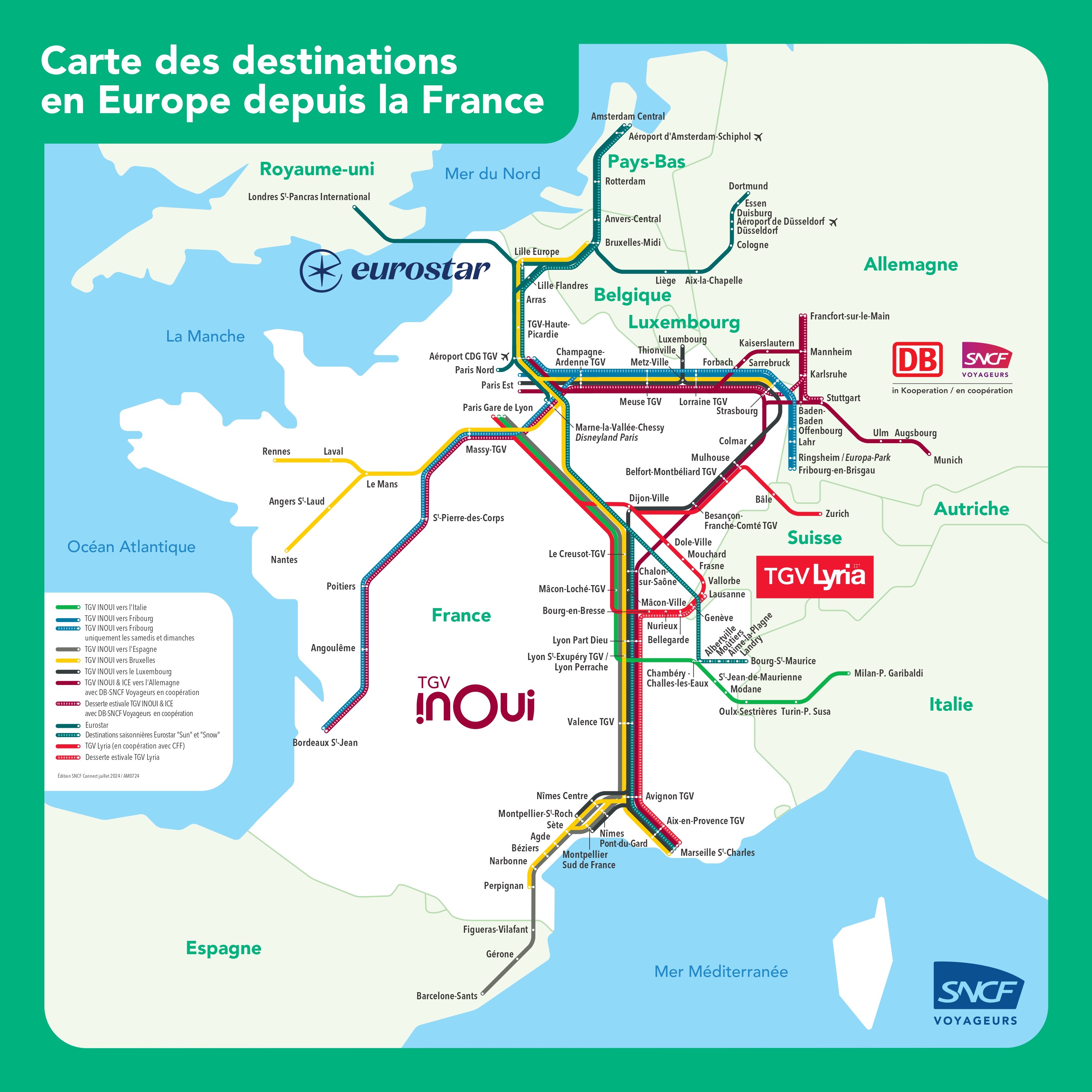 Carte des destinations TGV INOUI en France et Europe