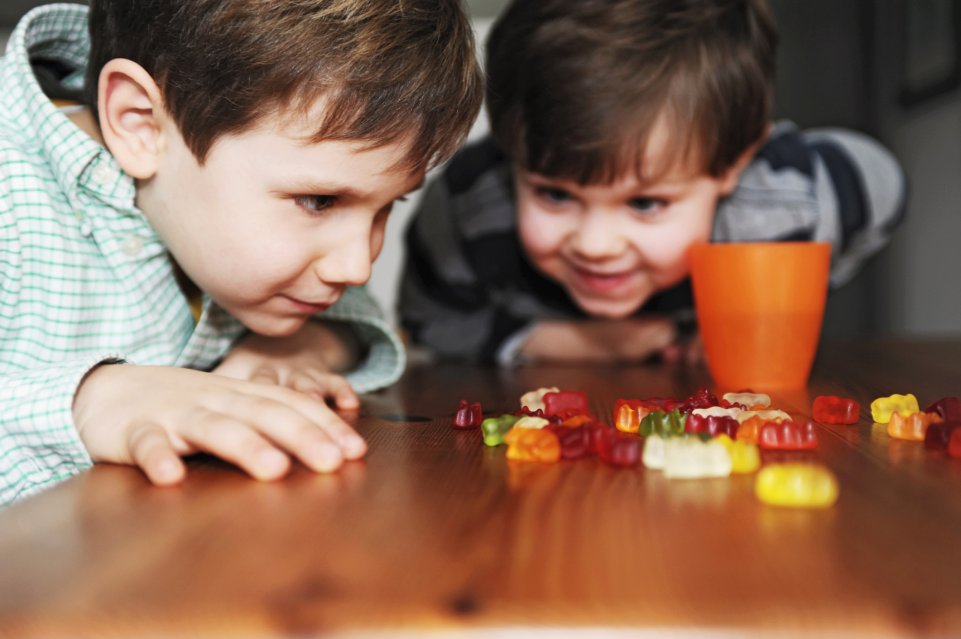Deux garçons qui regardent des bonbons haribo