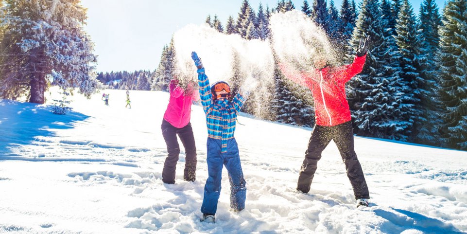 Famille qui s'amuse dans la neige à la montagne
