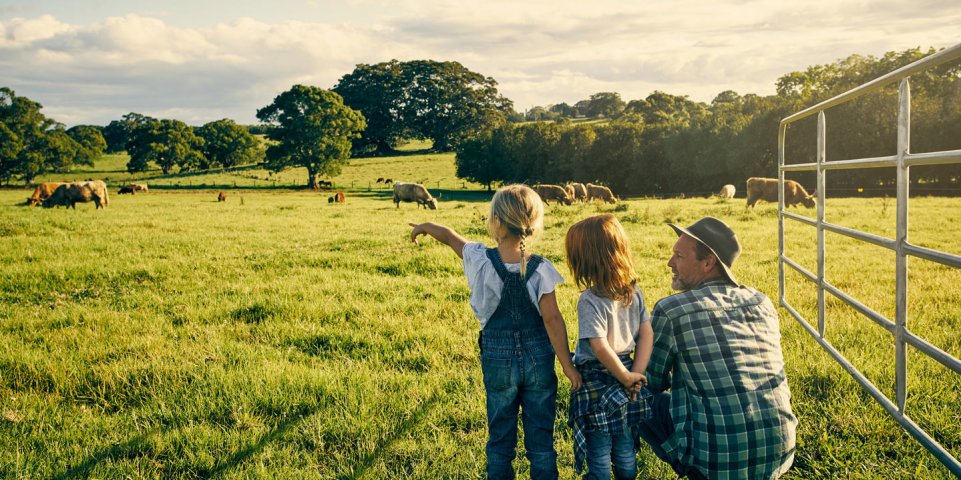 Père et ses enfants dans un champ