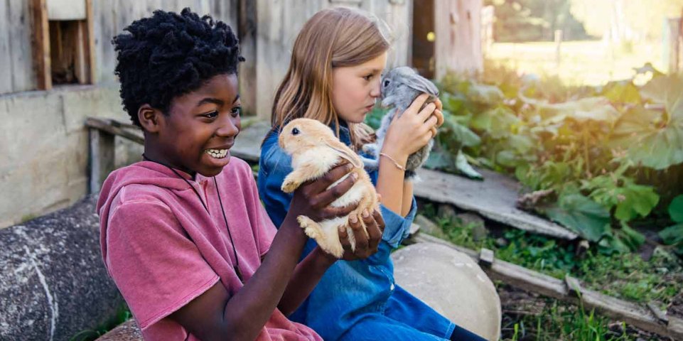 enfants dans une ferme avec des lapins
