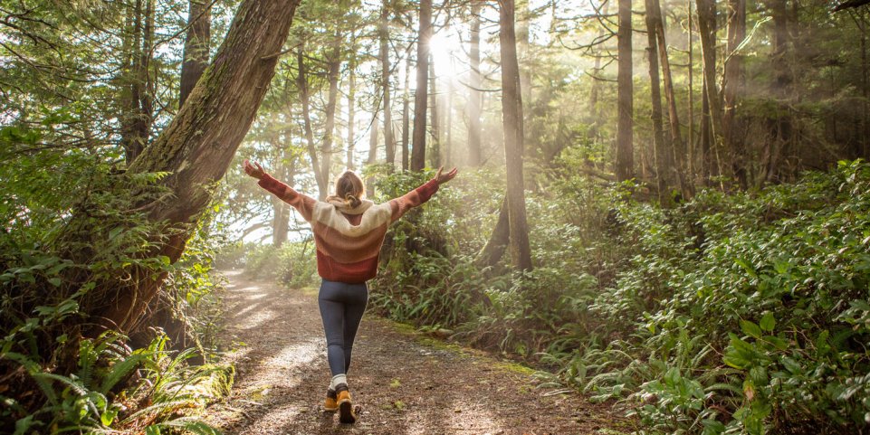 Une jeune femme chemine seule en forêt.