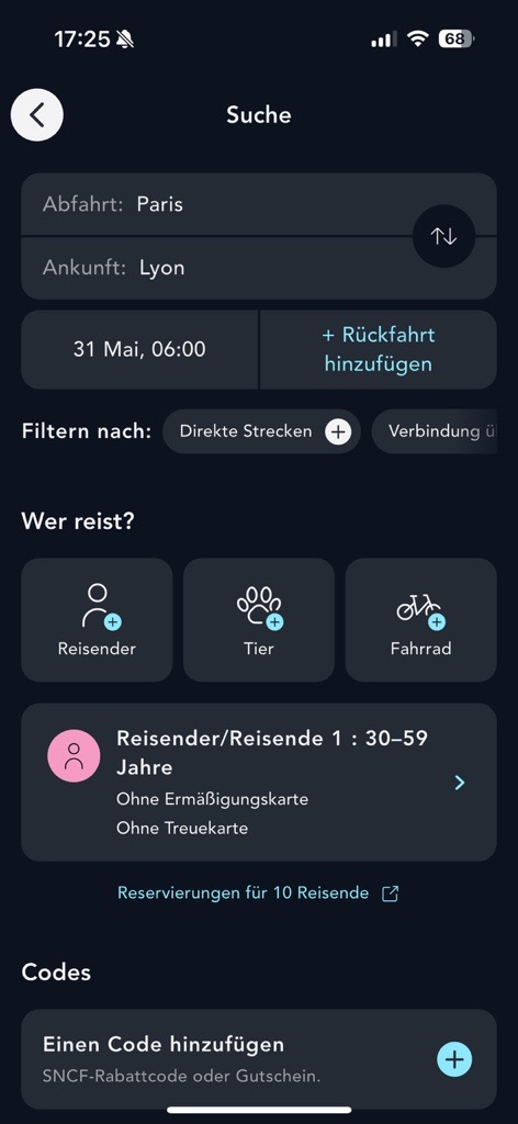 Visuelle Darstellung der Seite für die Fahrscheinsuche in der App SNCF Connect