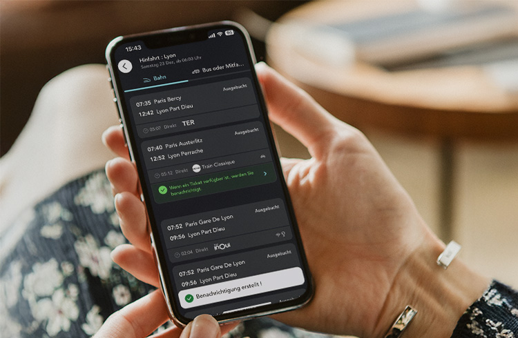 Visuell, das die Aktivierung einer vollständigen Zugwarnung in der SNCF Connect App zeigt