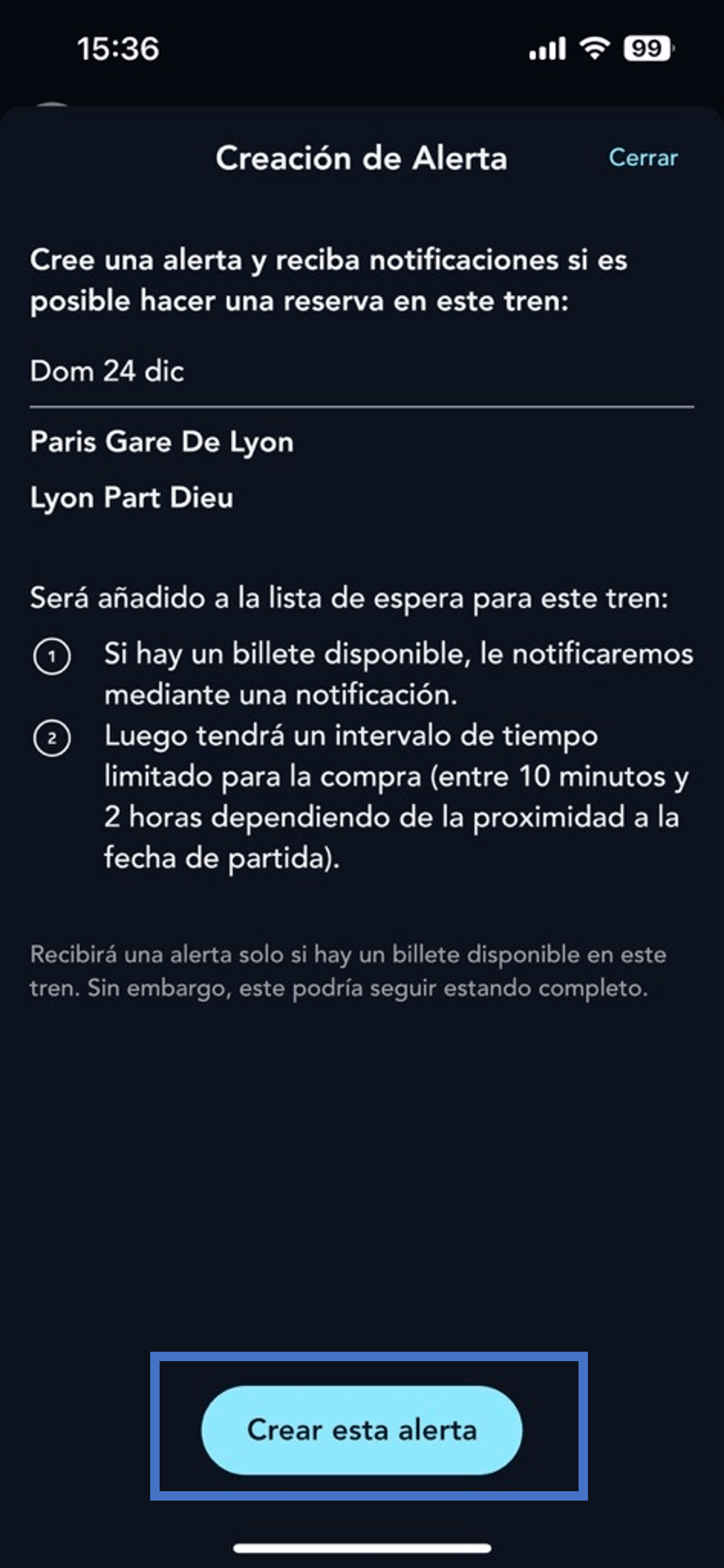 Pantalla de la página para crear una alerta de tren completo en la aplicación SNCF Connect