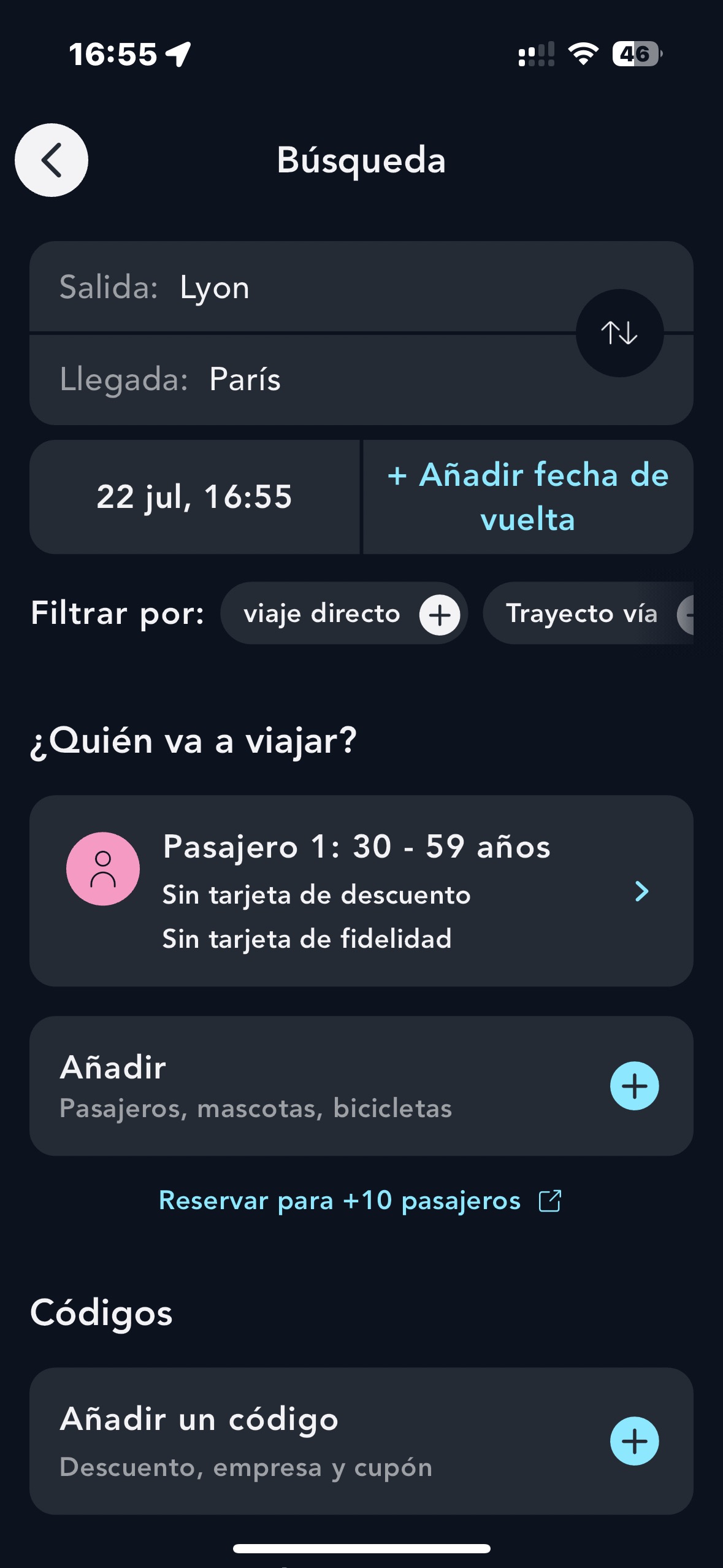 Pantalla de la página de búsqueda 