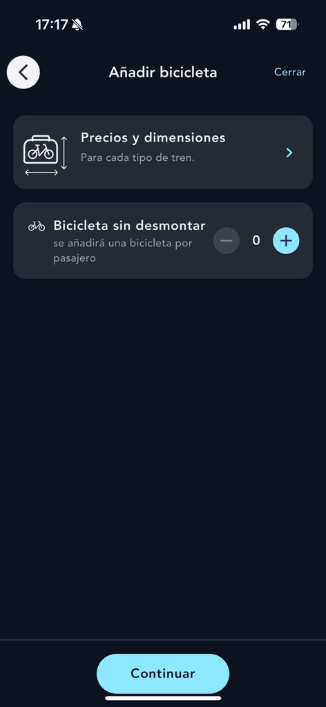 Visual de la página para añadir una bicicleta a la aplicación SNCF Connect
