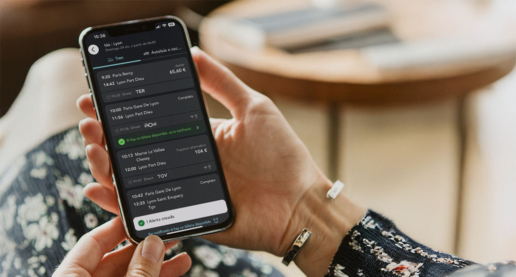 Pantalla que muestra la activación de la alerta de tren completo en la aplicación SNCF Connect