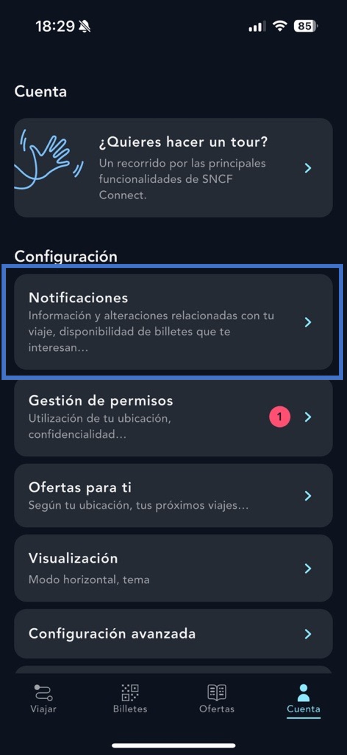 Ilustración de la sección Notificaciones de la aplicación SNCF Connect