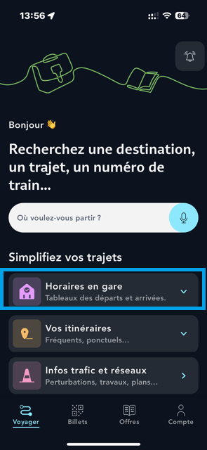 Ecran de la page d'accueil de l'appli SNCF Connect