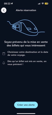 Ecran de la création d'une alerte réservation sur l'appli SNCF Connect