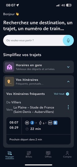Ecran illustrant l'itinéraire fréquent affiché sur la page d'accueil de l'appli SNCF Connect