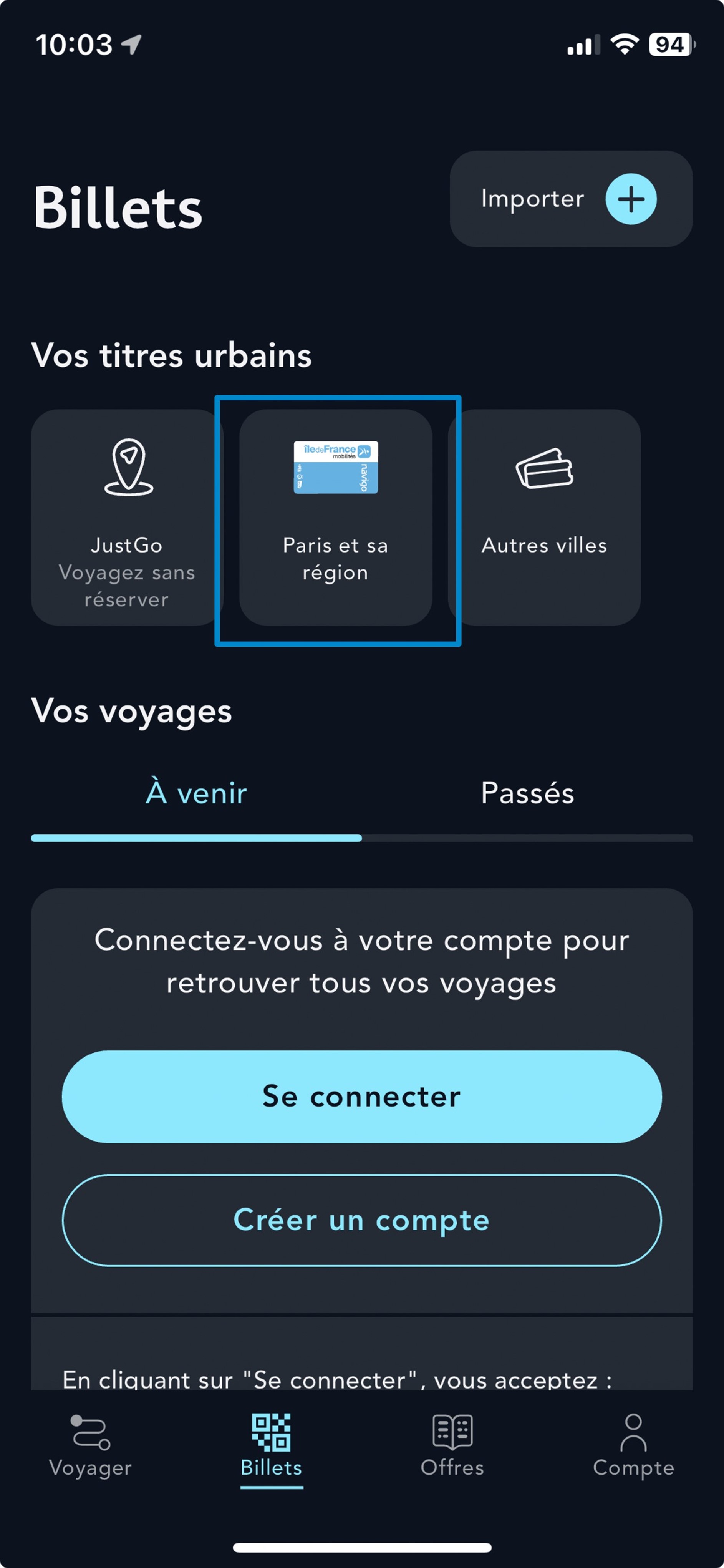 Ecran de la rubrique Billets de l'application SNCF Connect