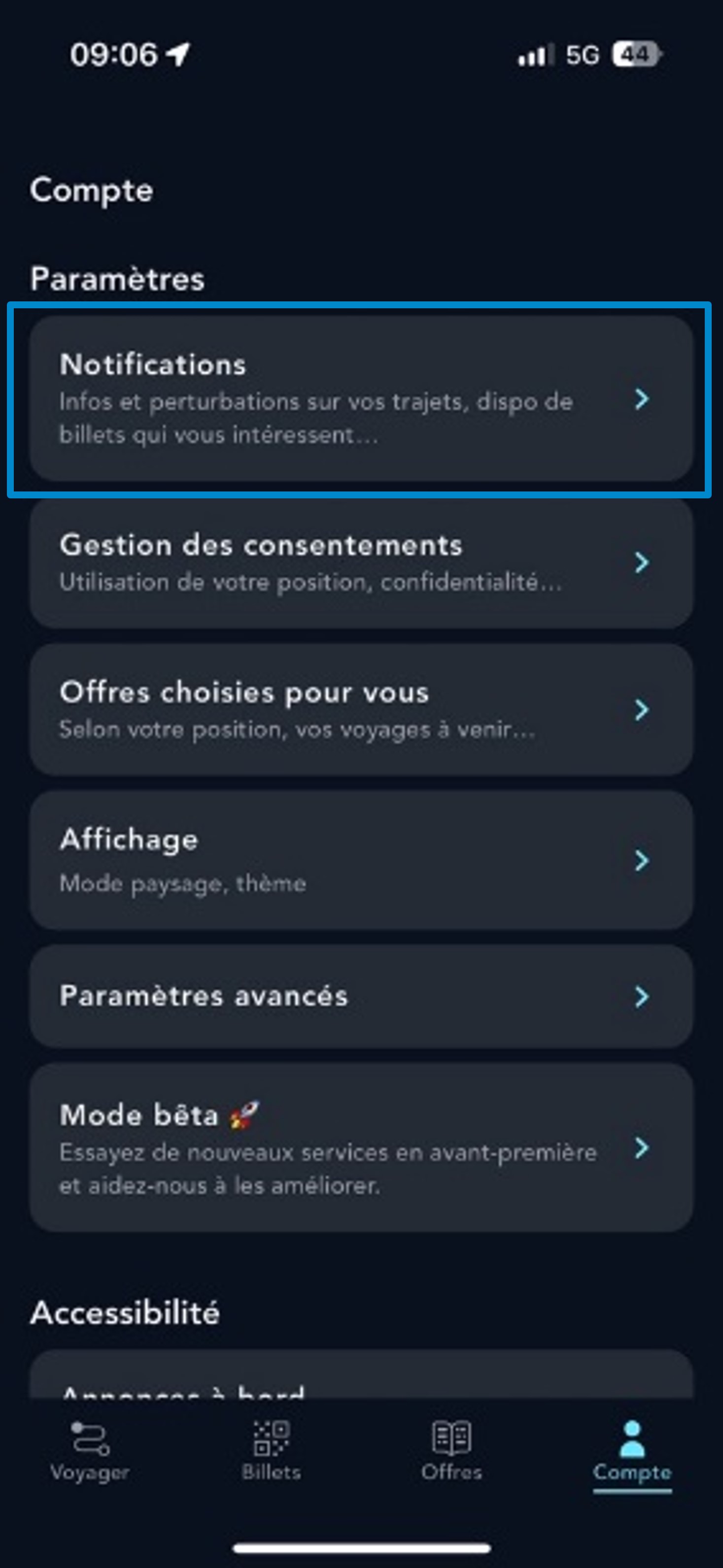 Ecran de la rubrique Compte onglet Notifications de l'application SNCF Connect
