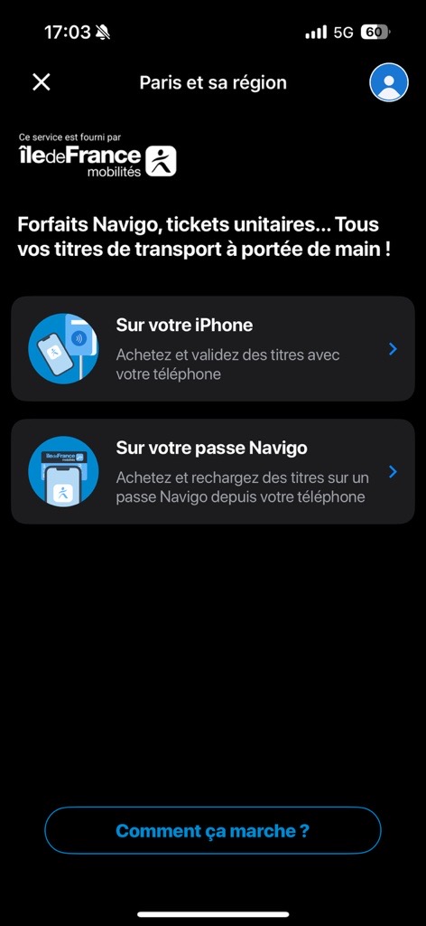 Ecran de l'onglet Paris et sa région sur l'application SNCF Connect