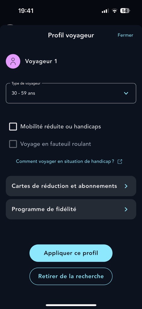 Ecran de la page Profil voyageur de l'application SNCF Connect