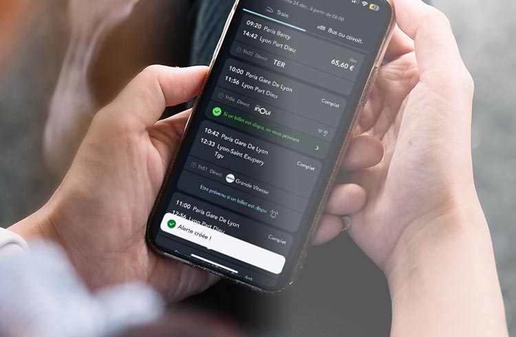 Visuel illustrant l'activation d'une alerte train complet sur l'appli SNCF Connect