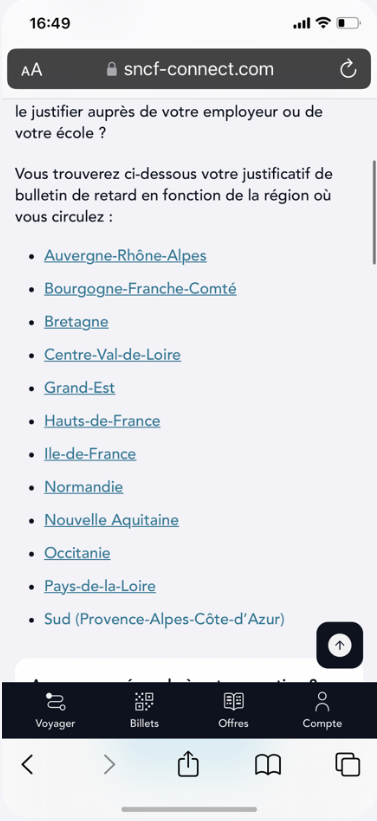 Visuel de l'écran "Le bulletin de retard" SNCF Connect, avec les liens qui renvoient vers les formulaires régionaux.