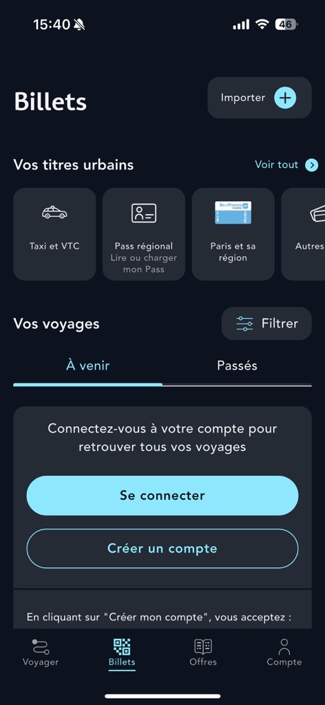 Ecran de la rubrique Billets de l'application SNCF Connect