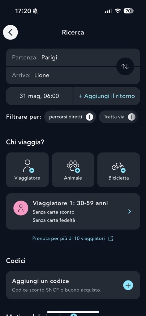 Visualizzazione della pagina di ricerca dei biglietti sull'applicazione SNCF Connect