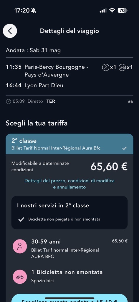 Visualizzazione della pagina di selezione dei biglietti sull'applicazione SNCF Connect