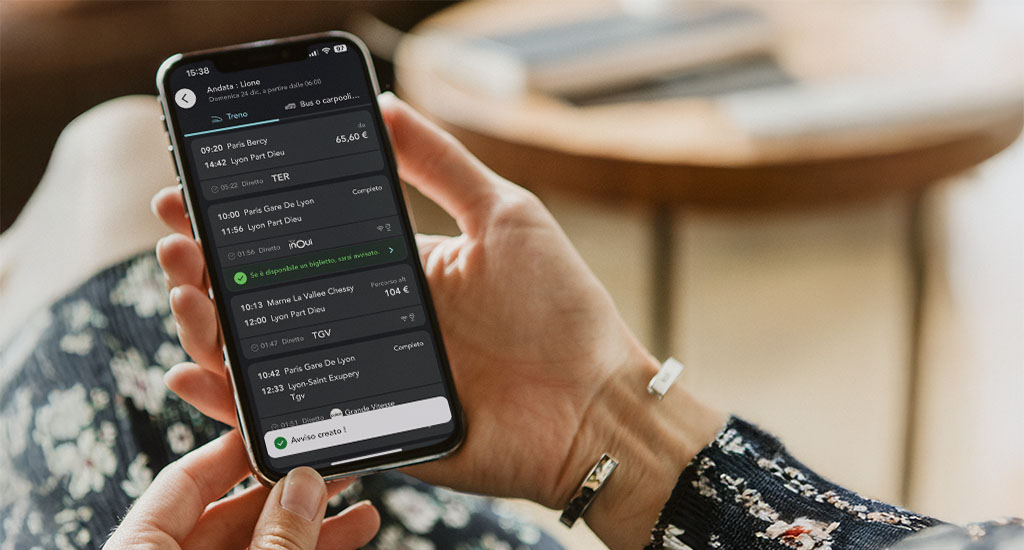 Schermata che mostra come attivare l'allarme treno completo sull'applicazione SNCF Connect